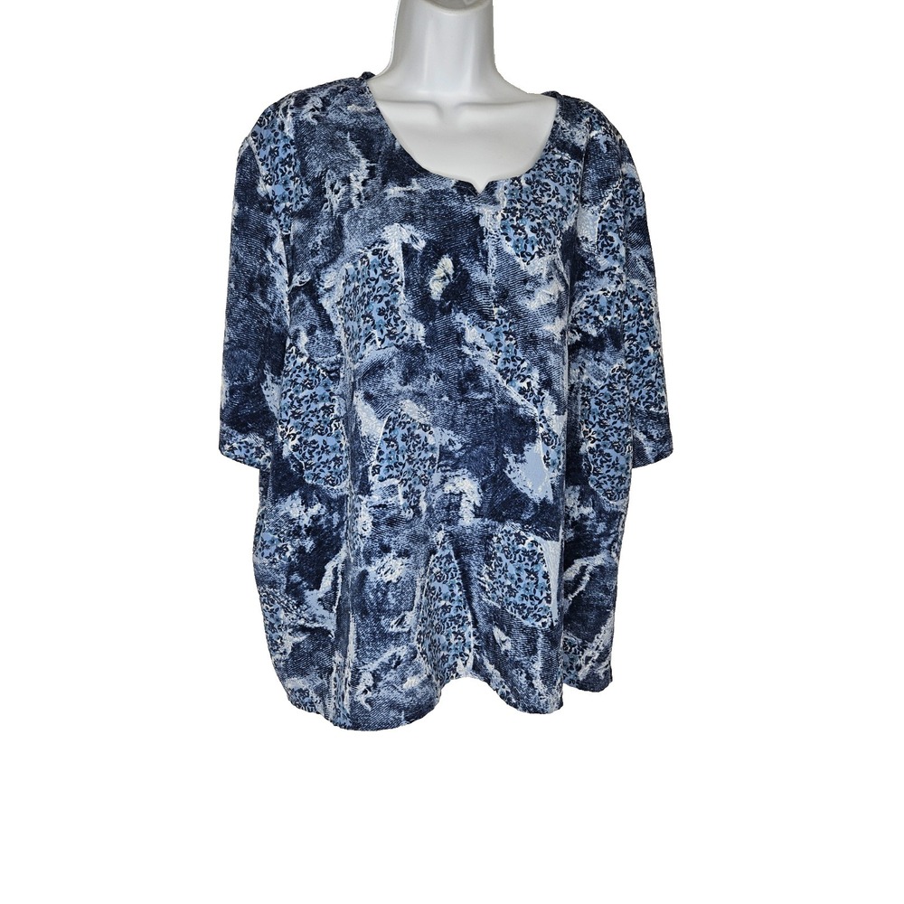 Abstract Floral Tunic Top Blue White Relaxed Stretch Casual Women 3X